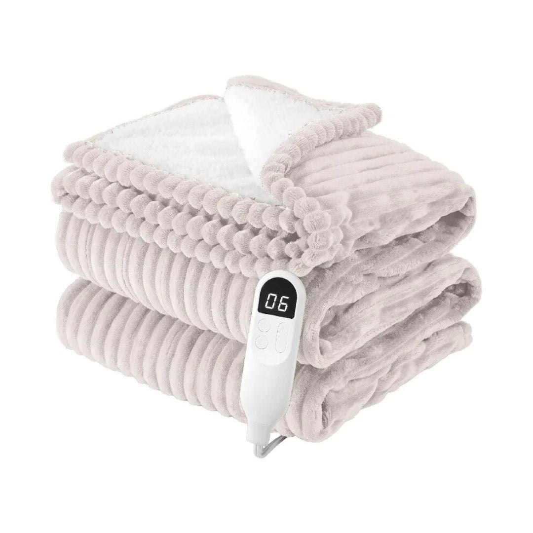 Striped Flannel Fleece Heated Electric Blanket white