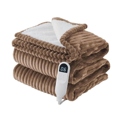 Striped Flannel Fleece Heated Electric Blanket Camel