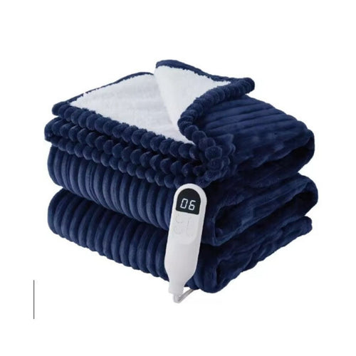 Striped Flannel Fleece Heated Electric Blanket Navy